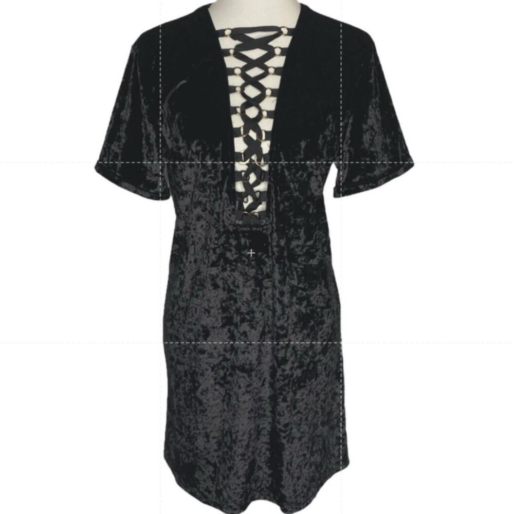 NWT Black Velvet Corset Dress Womens Large Lace Up Gothic Witchy Short Sleeve